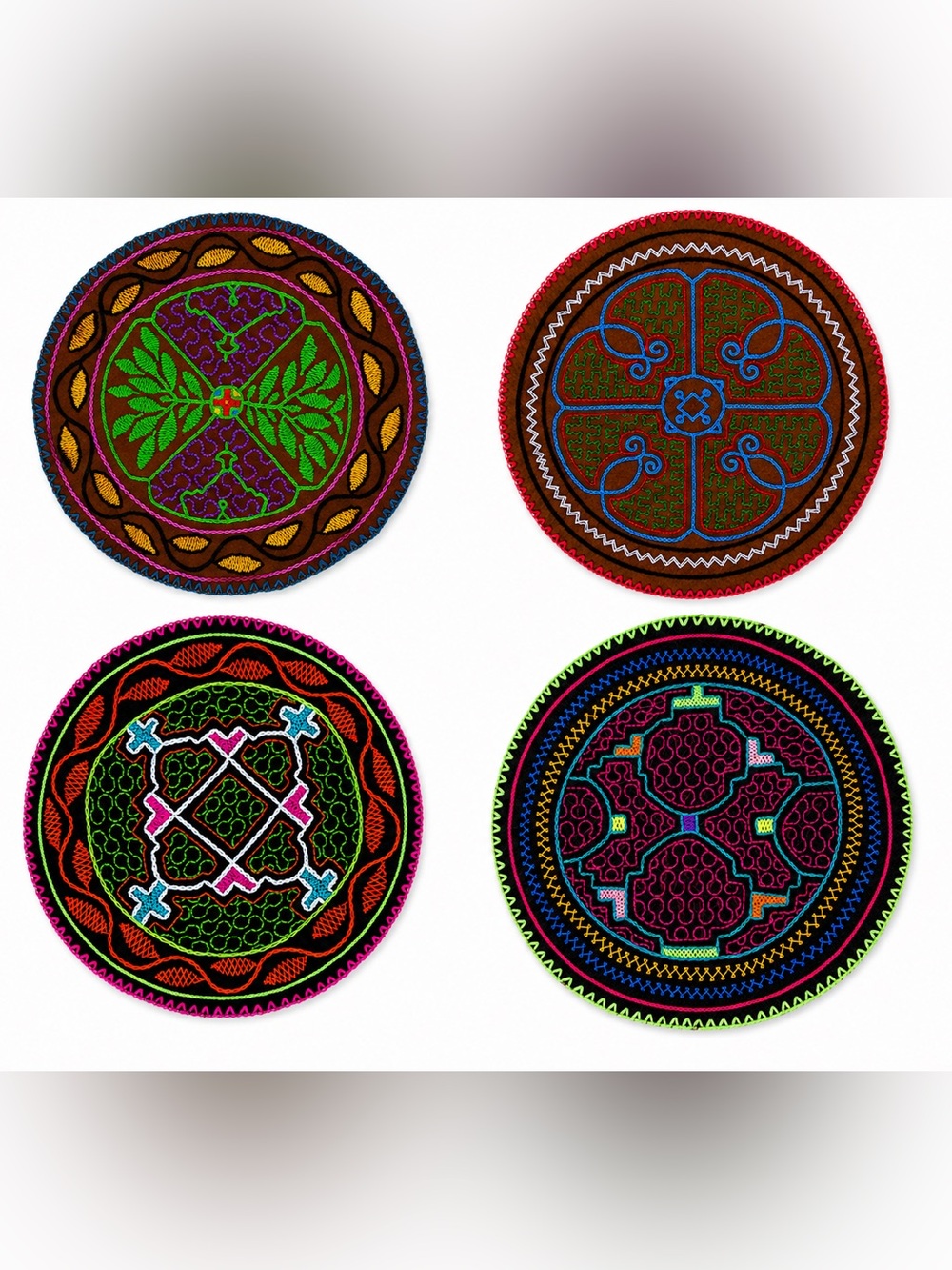 Set of 4 Authentic Shipibo-Konibo Kené Ceremonial Textiles 8” Handmade Peru